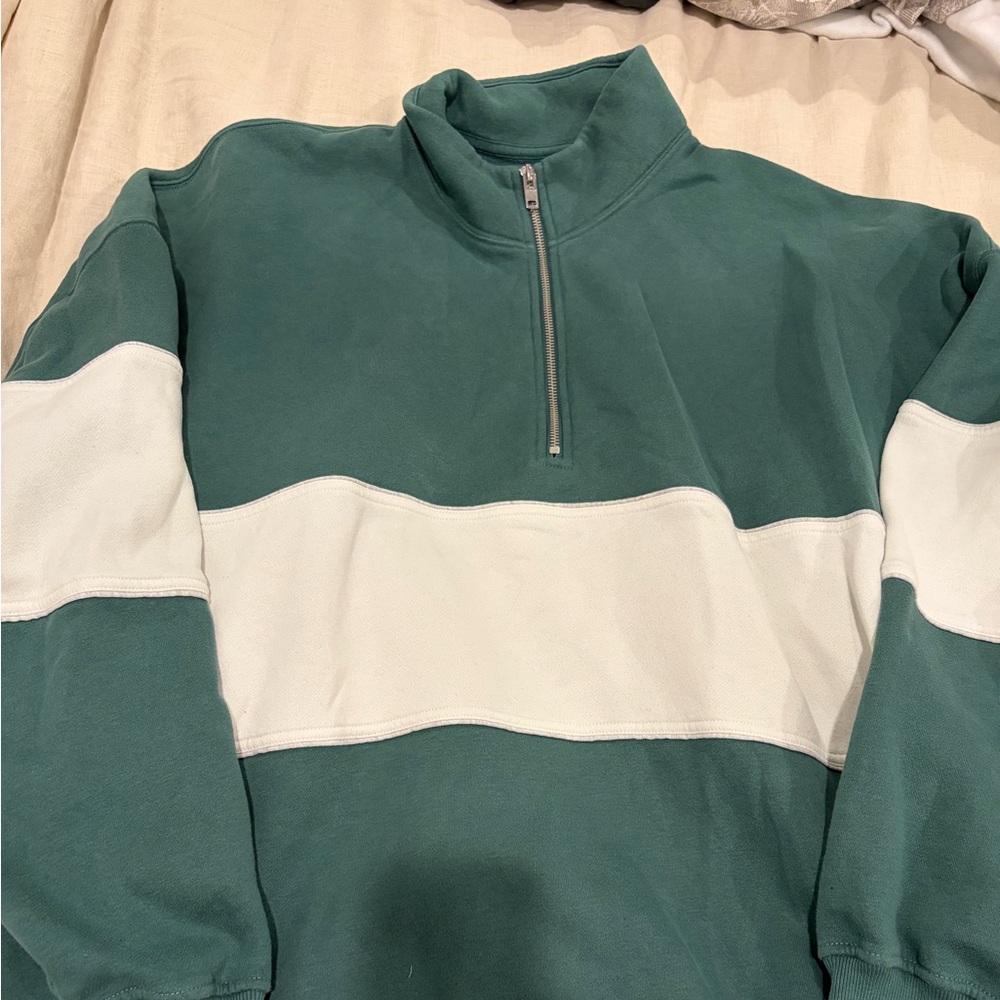 Abercrombie & Fitch Men's Teal and White Zip-Up Sweater